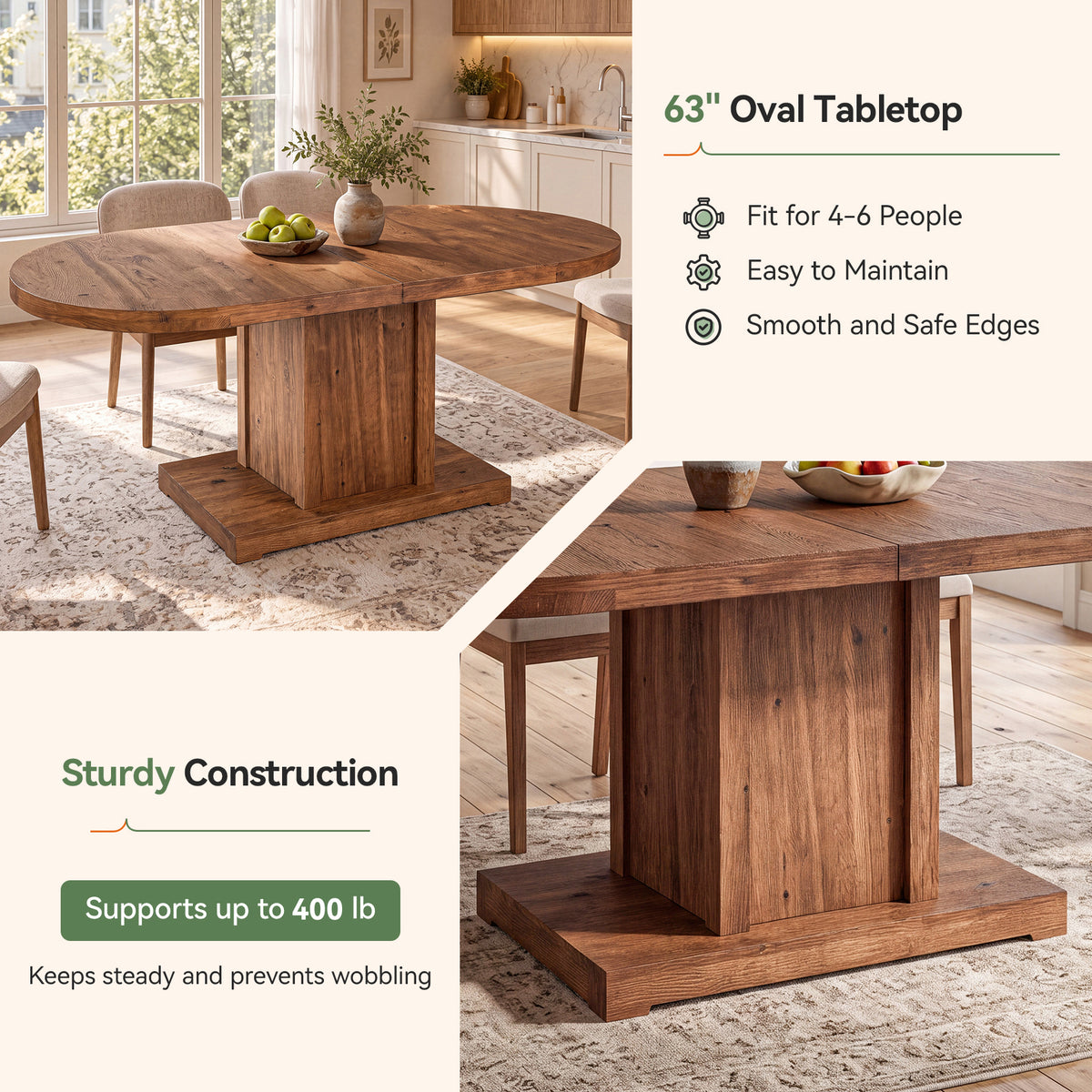 63" Oval Farmhouse Solid Wood Dining Table for 4-6, Sturdy 400 lb Kitchen Table