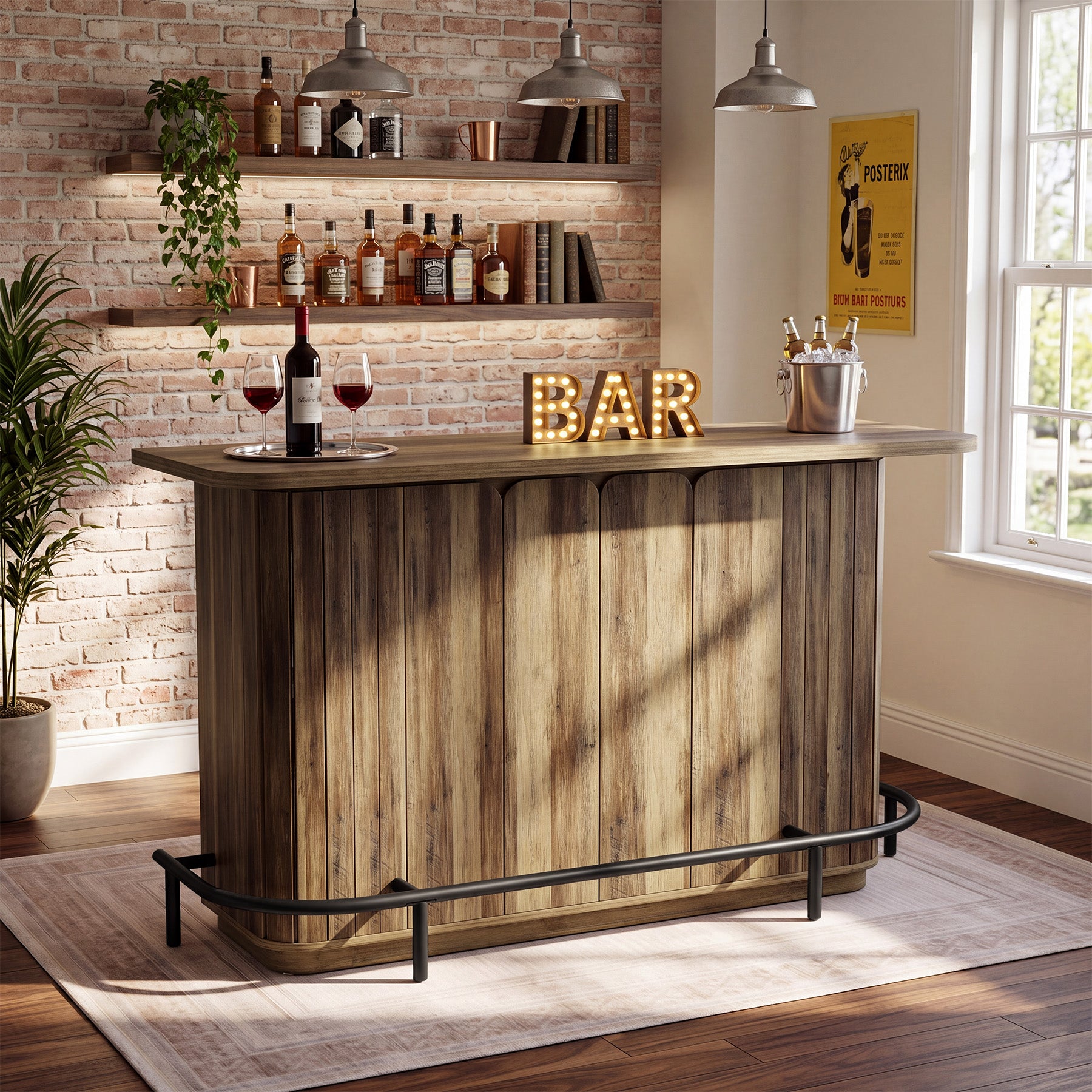 55" Industrial Home Bar Unit, Counter Height 2-Tier Bar Table, Wine Liquor Cabinet