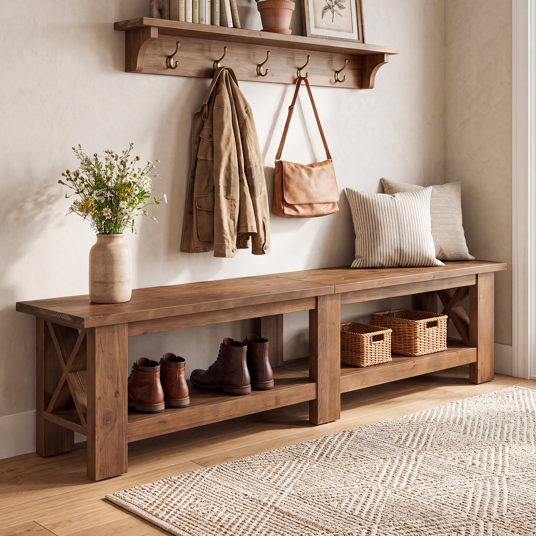 70.87" Solid Wood Entryway Shoe Bench, Farmhouse End of Bed Bench with Storage