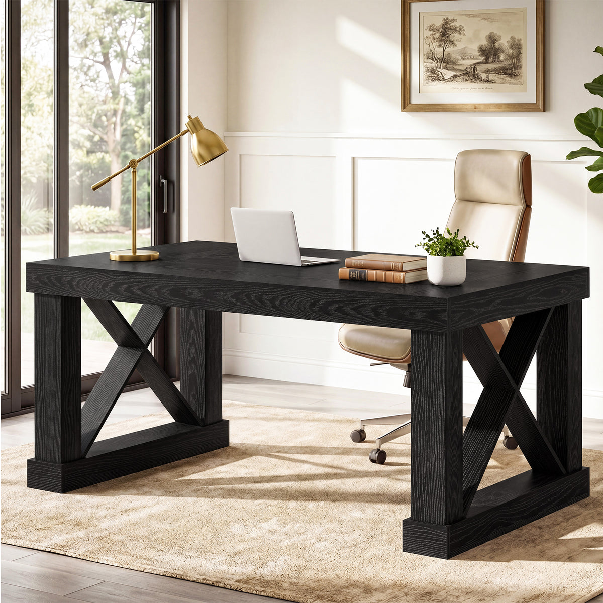 63" Executive Office Desk, Farmhouse Computer Desk with Heavy-Duty Frame for Home Office