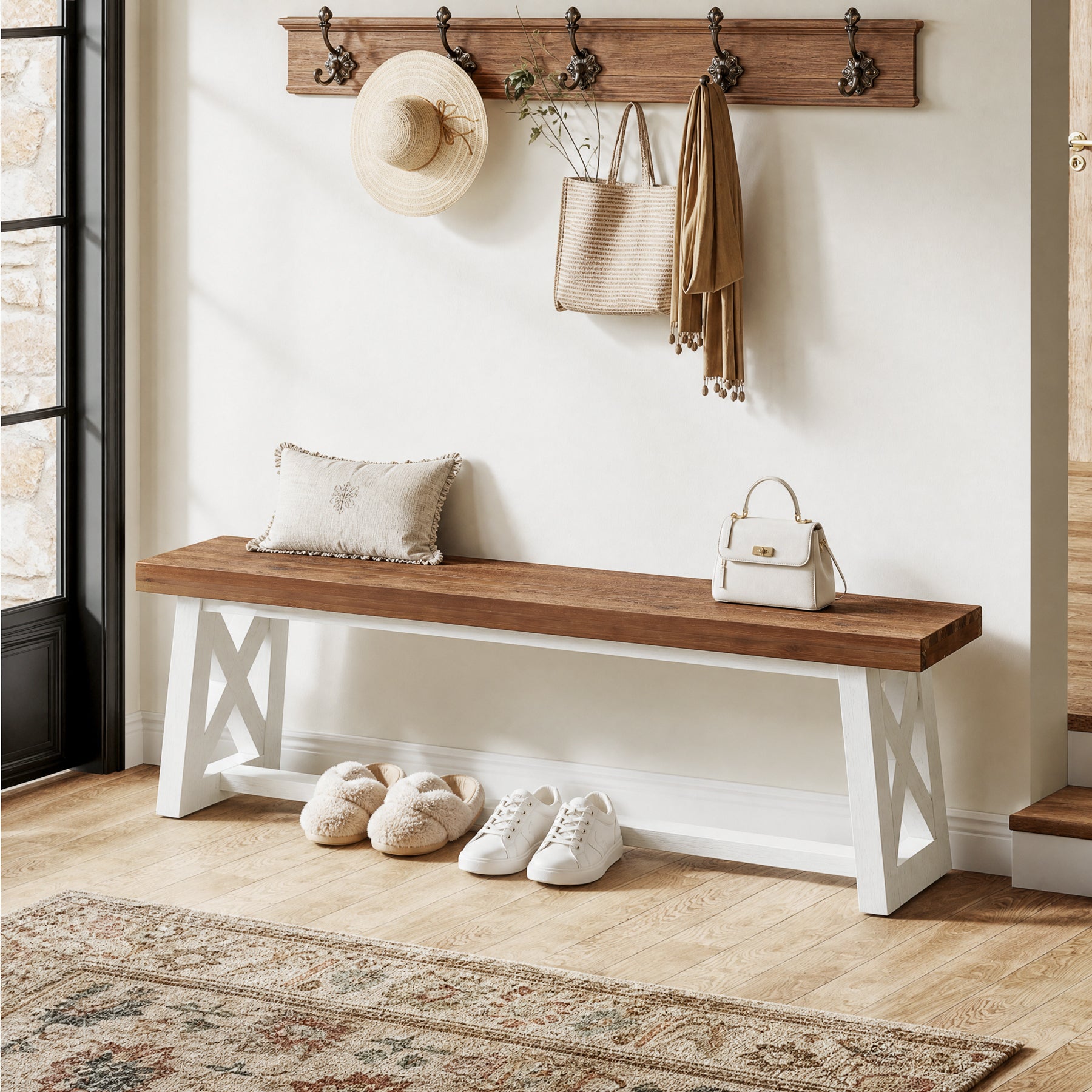 55" Farmhouse X-Leg Bench, Solid Wood Long Entryway Hallway Bench, Dining Room