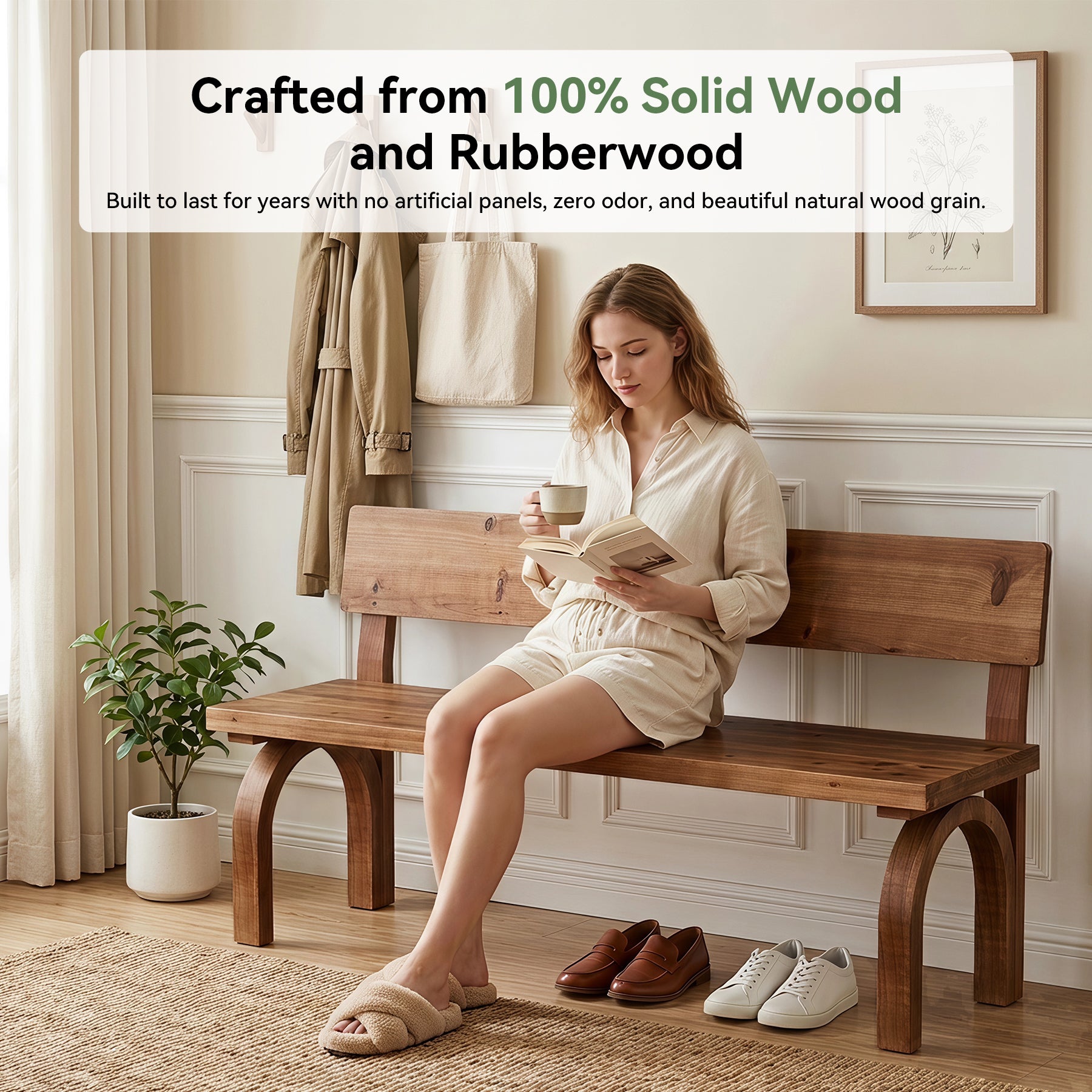 Solid Wood Entryway Bench with Backrest, 63" Long Dining Bench for Entryway, Kitchen
