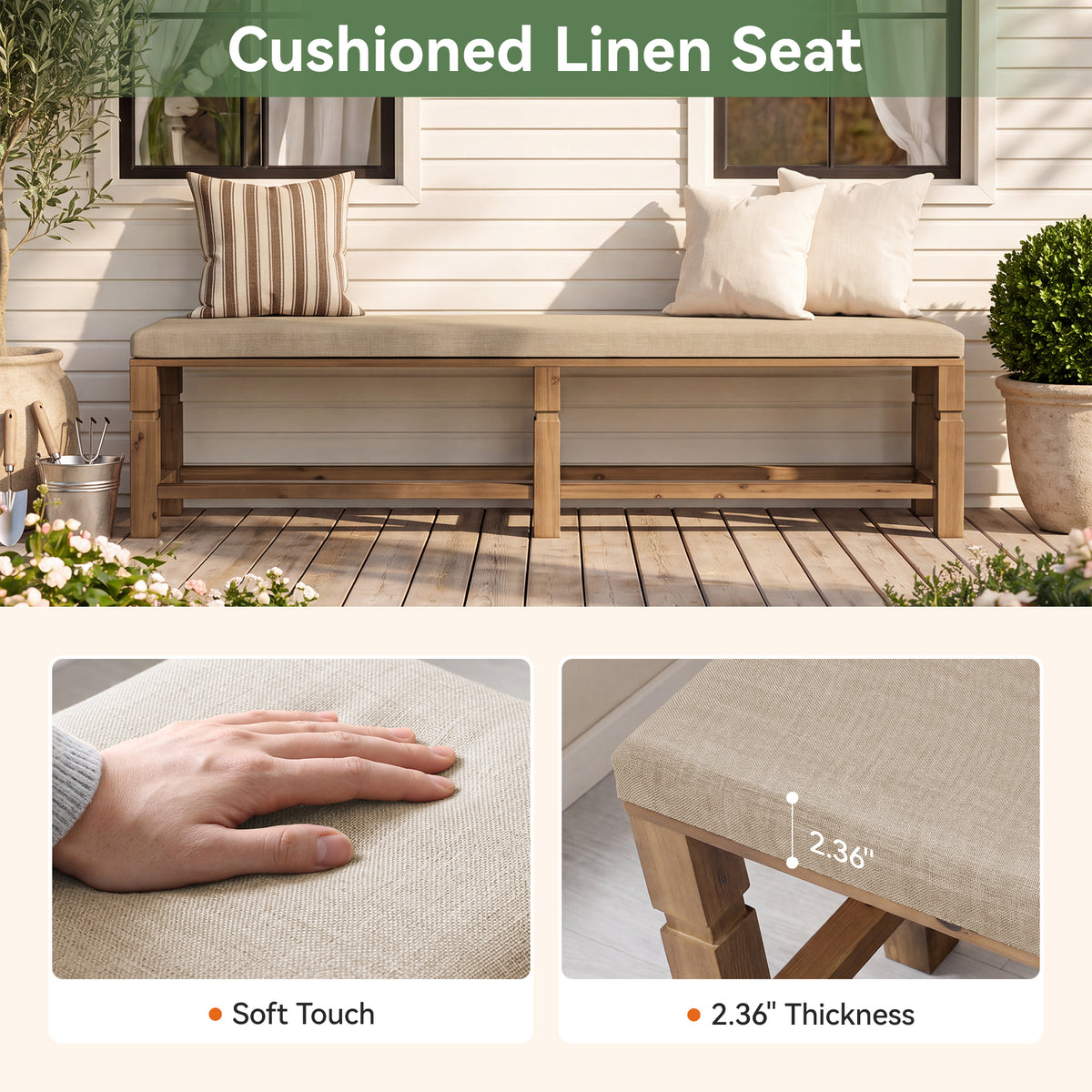 70.87" Upholstered Solid Wood Entryway Bench with Linen Fabric Padded Seat