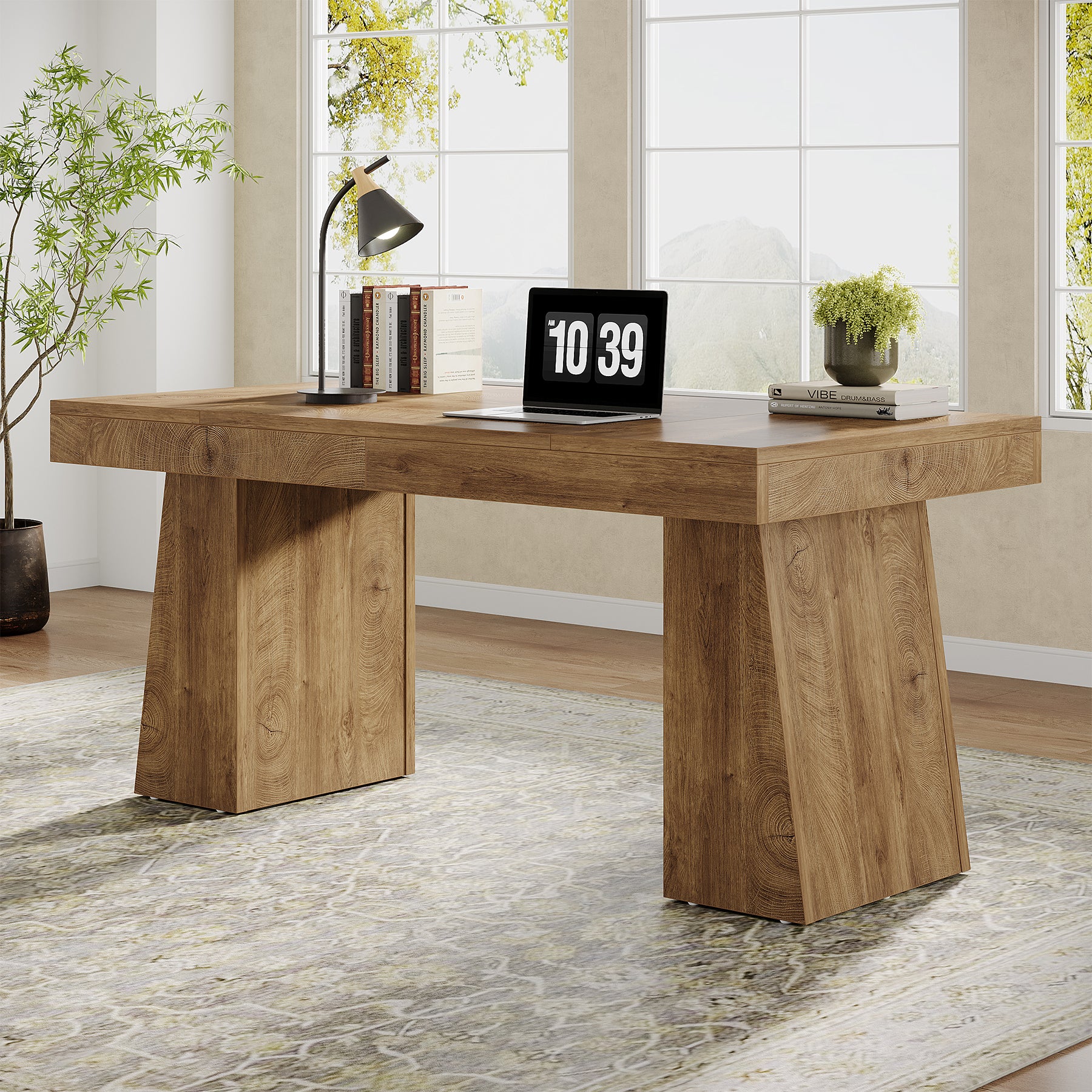 55'' Executive Desk With Double Trapezoid Base, Modern Executive Desk#Color_Light Brown