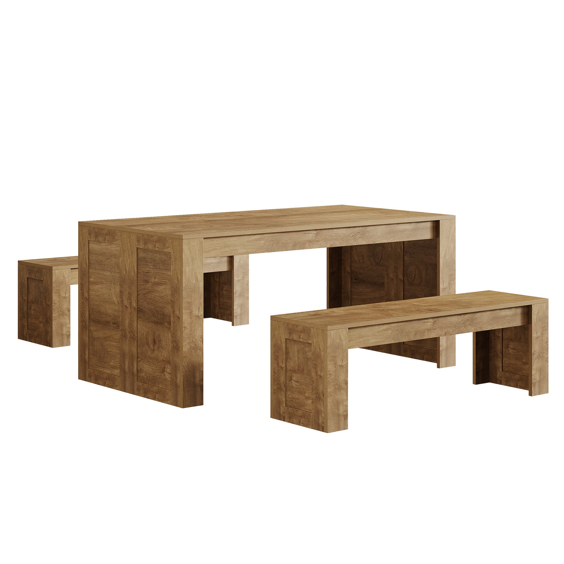 55" Dining Table Set,  Wooden Kitchen Table for 4-6 with 2 Benches