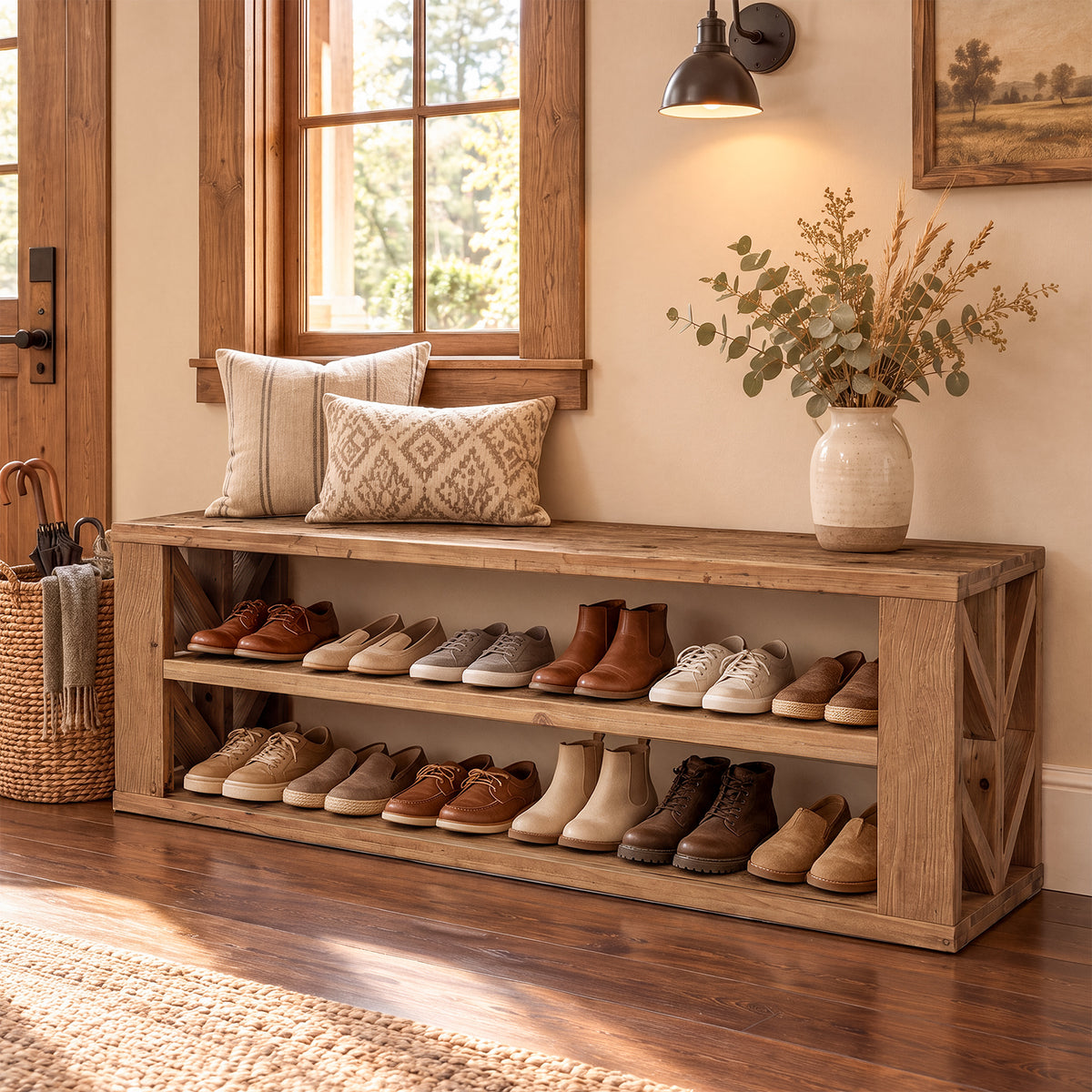 55" Solid Wood Entryway Bench, 3-Tier Storage Shoe Bench for Living Room, Hallway