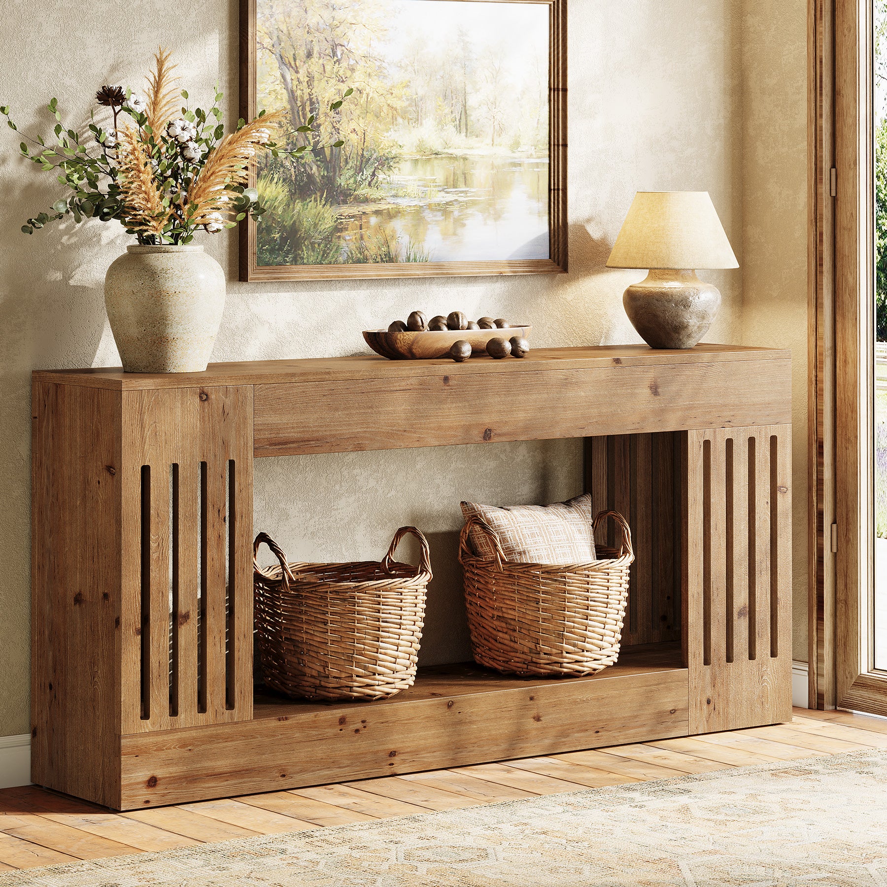 Solid Wood Console Table, 63" Sofa Table Behind Couch with Storage Shelf