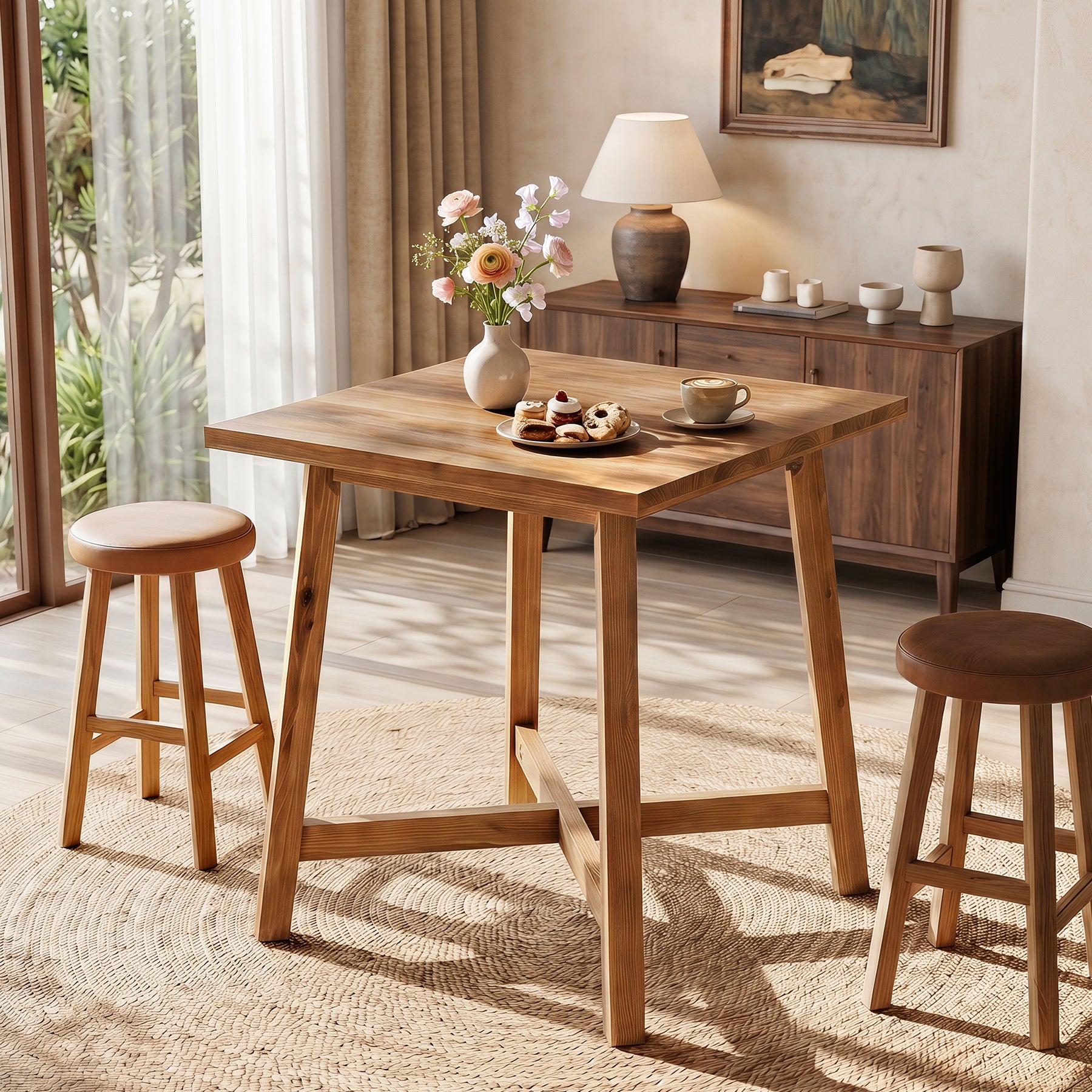 Solid Wood Bar Table, 31.5" Square Counter Height Pub Bistro Table with Footrest