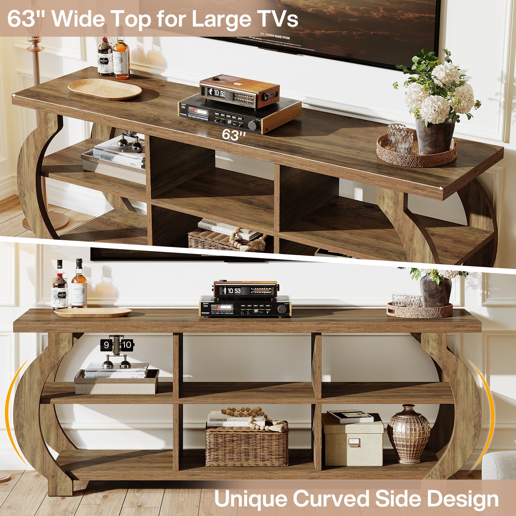 63" Farmhouse TV Stand for 55–75 Inch TVs, Wood Media Console with Open Storage Shelves for Living Room