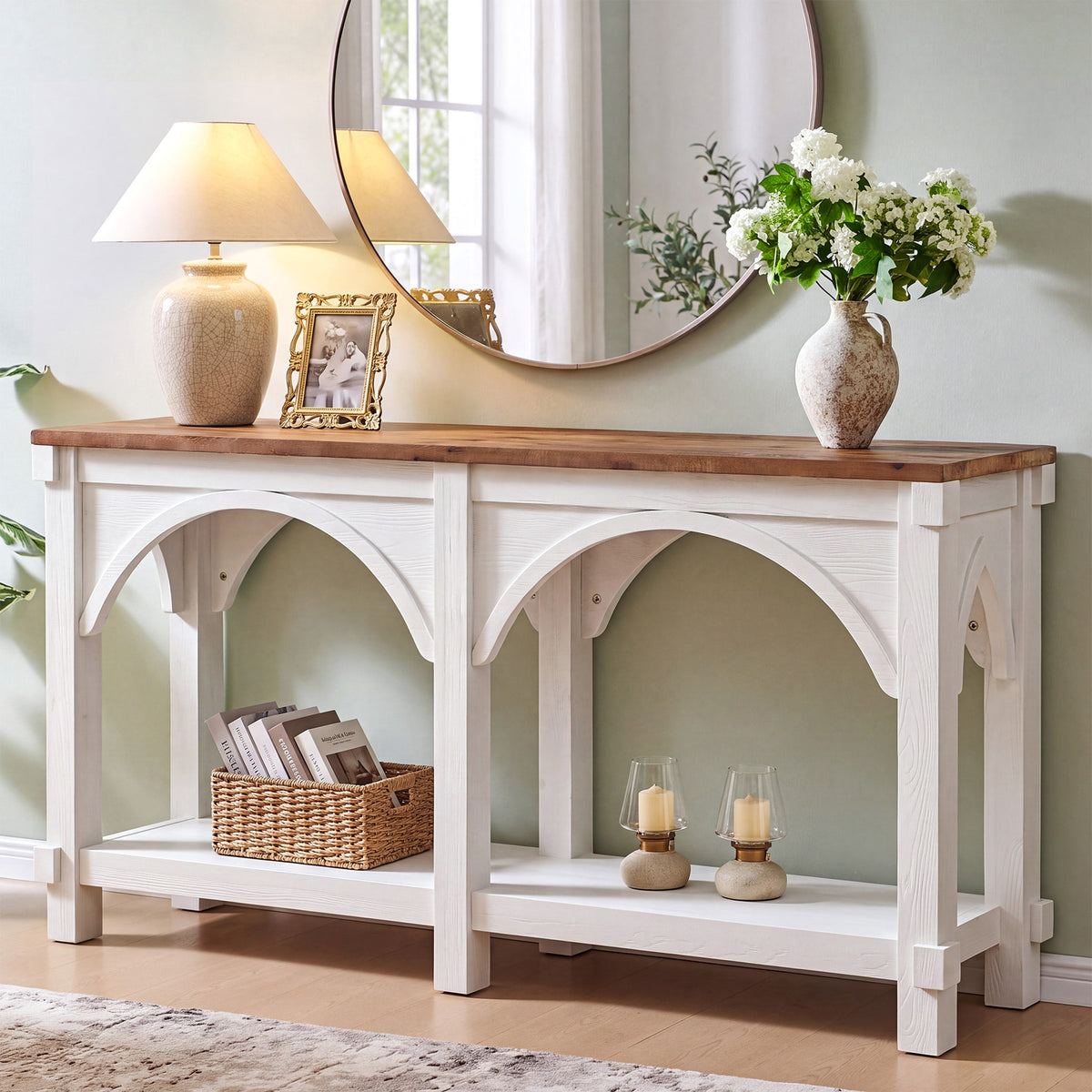 63" Solid Wood Console Table, 2-Tier Sofa Table with Storage Shelves for Entryway