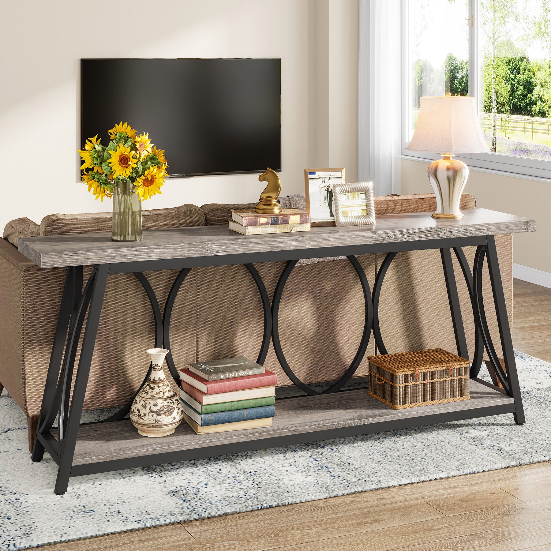 70.9" 2-Tier Industrial Console Table, Sofa Table with Shelves for Living Room or Entryway