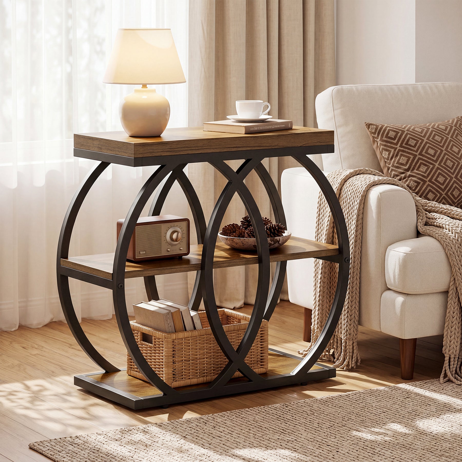 3-Tier Narrow End Table, Industrial Side Table with Metal Frame for Small Spaces
