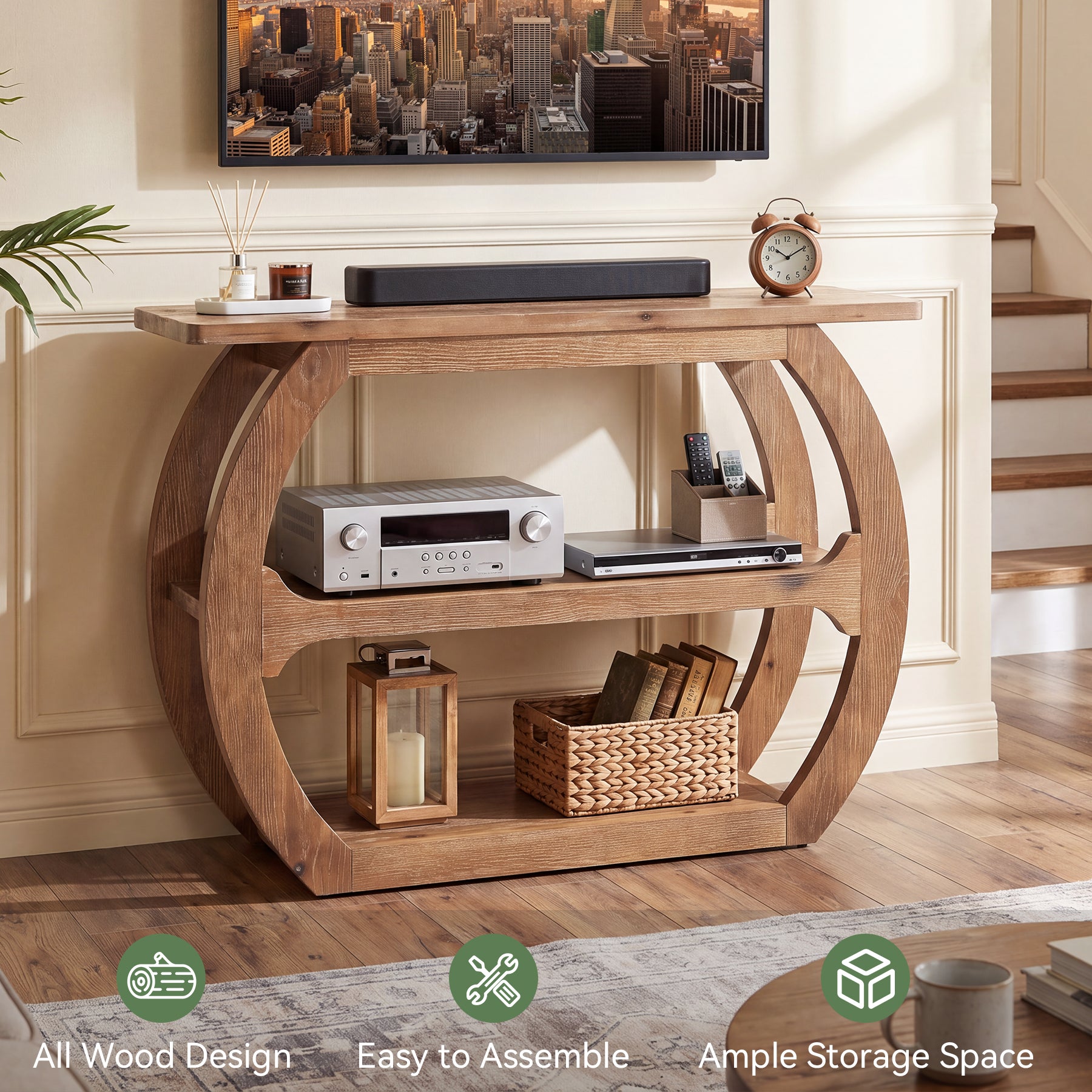 41" Farmhouse TV Stand for 55" TV, 3-Tier Solid Wood Small Entertainment Center, TV Console