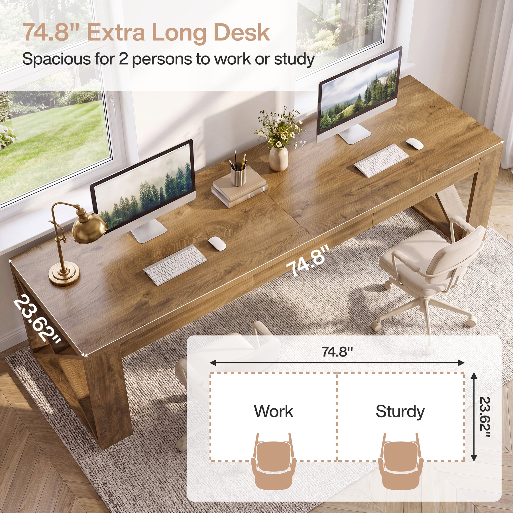 74.8" Two Person Desk, Double Desk with Wide Rectangle Base for Home Office