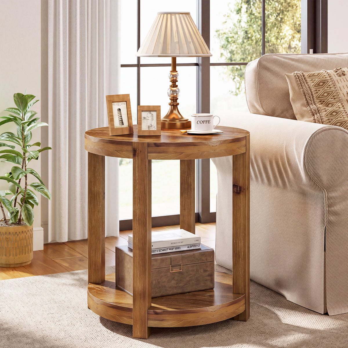20.08" Round Solid Wood End Table, 2-Tier Side Table with Storage Shelf for Living Room