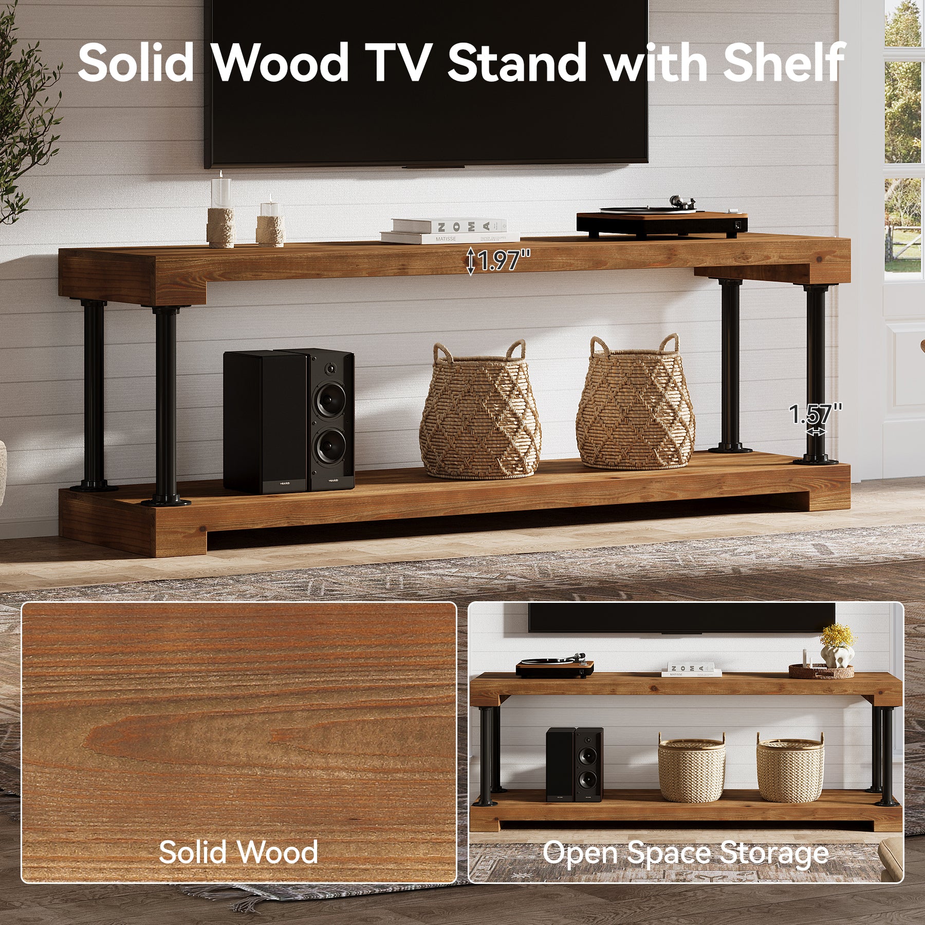Tribesigns 63-Inch Solid Wood TV Stand, Vintage Media Console Table with Storage