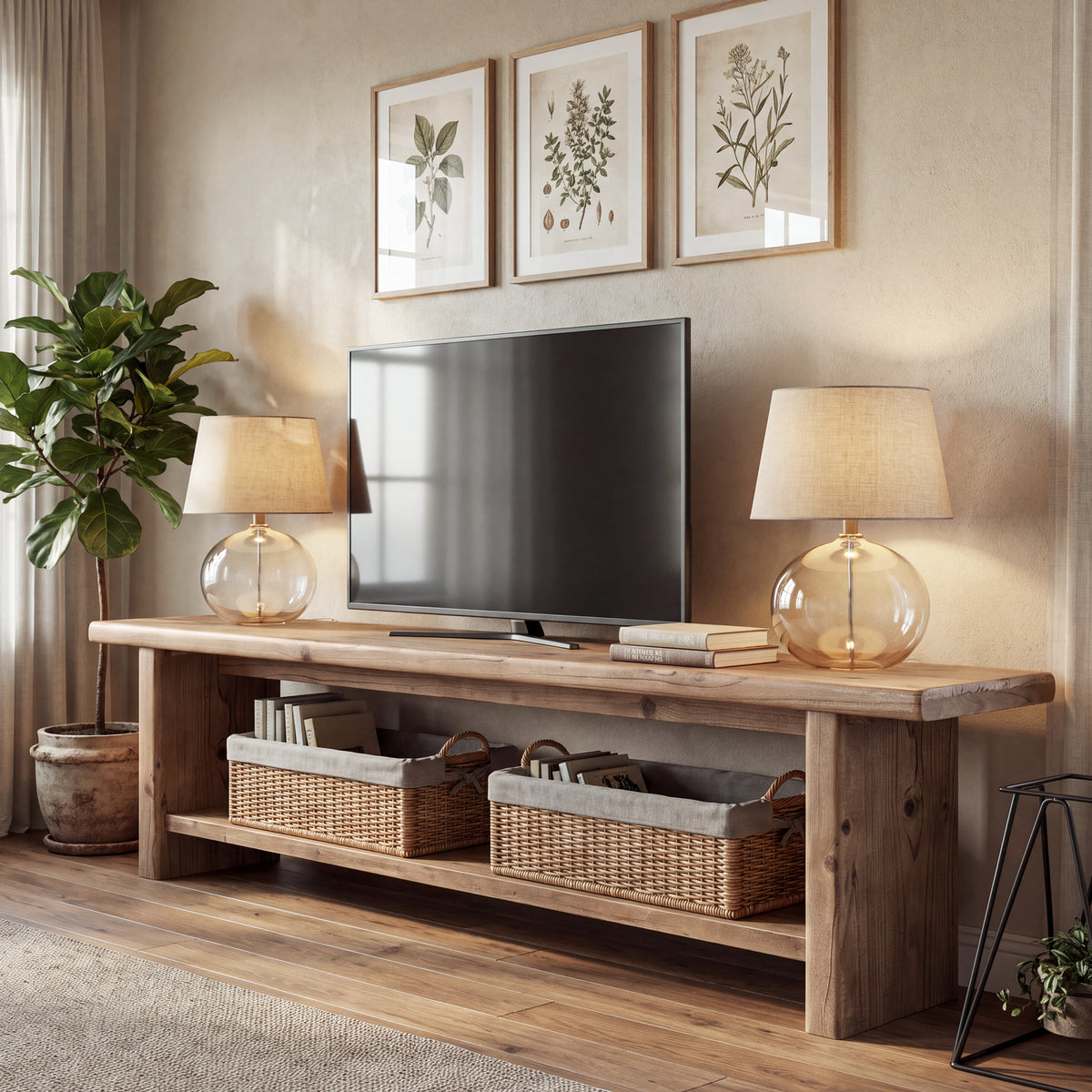 71" Solid Wood TV Stand for 85" TV, 2-Tier Farmhouse Entertainment Center with Storage