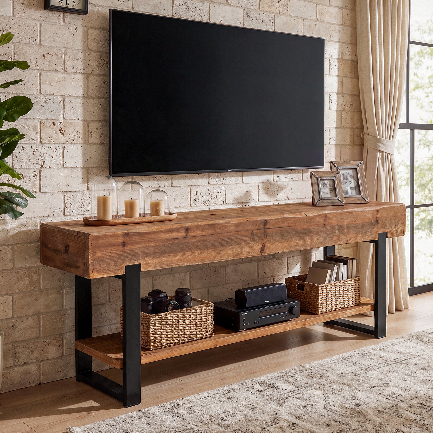 63" Solid Wood TV Stand for 55-75" TVs, 2-Tier Entertainment Center with Metal Frame