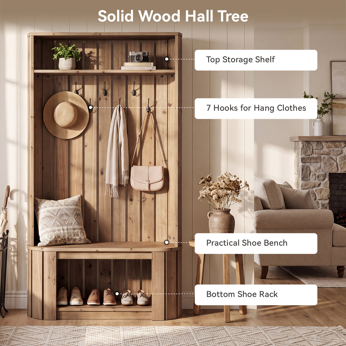 Solid Wood Hall Tree with Bench & Shoe Storage, 7 Hooks, Freestanding Entryway Coat Rack