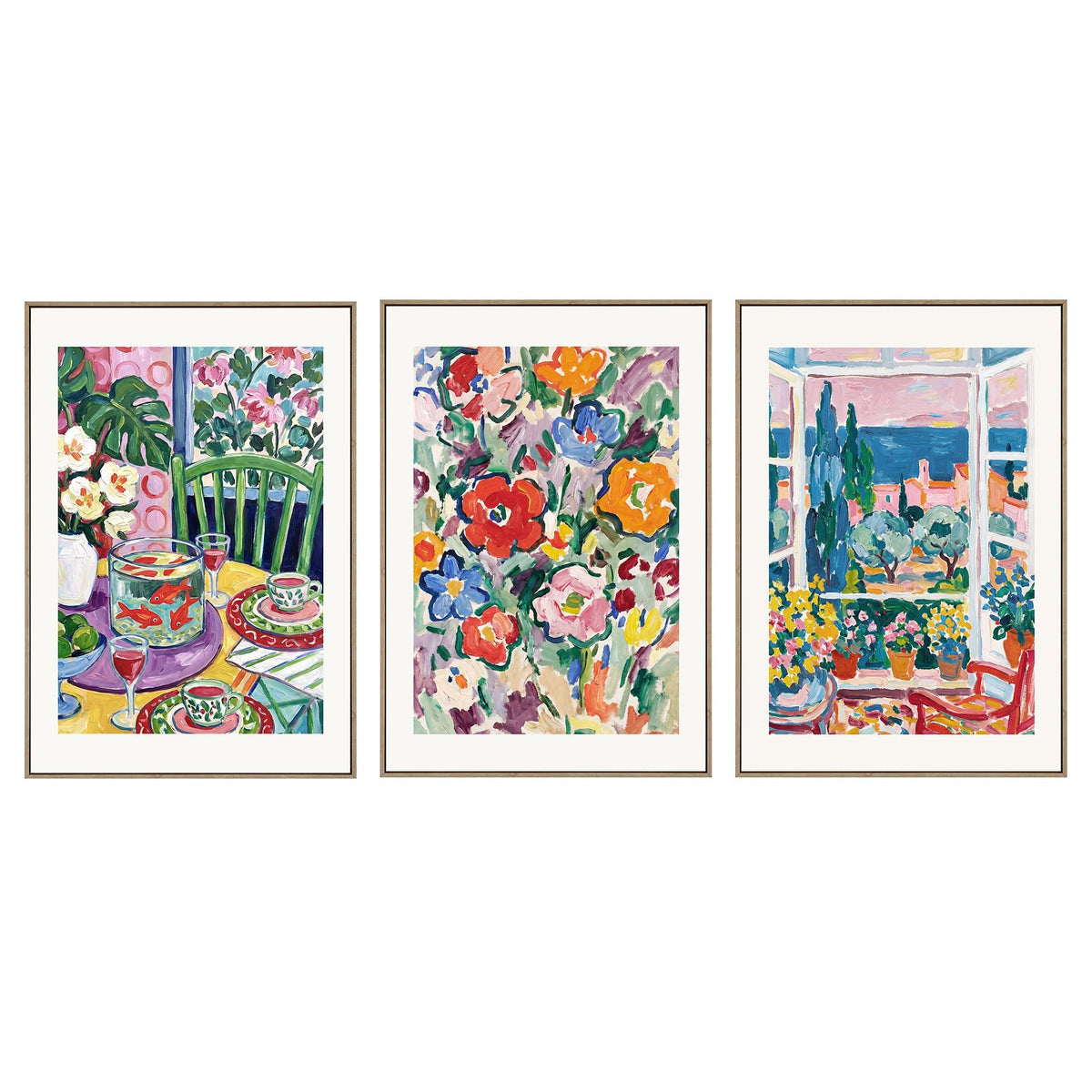 3 Piece Hand-Painted Oil Painting Style Canvas Wall Art Set,24x36 Inch Colorful Floral and Mediterranean Coastal Prints