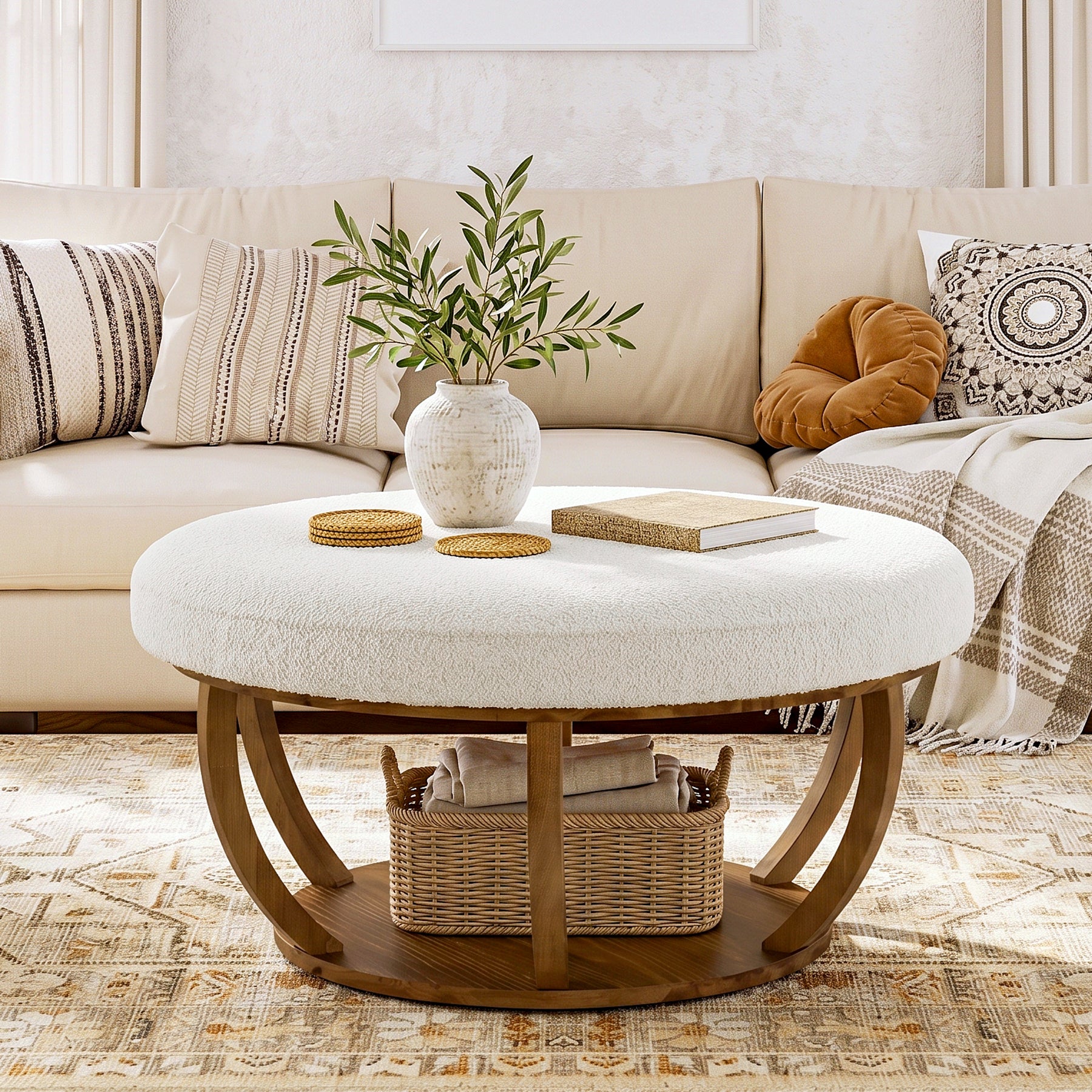 31.5" Round Coffee Table, Modern Footrest Ottoman Center Table with Solid Wood Frame