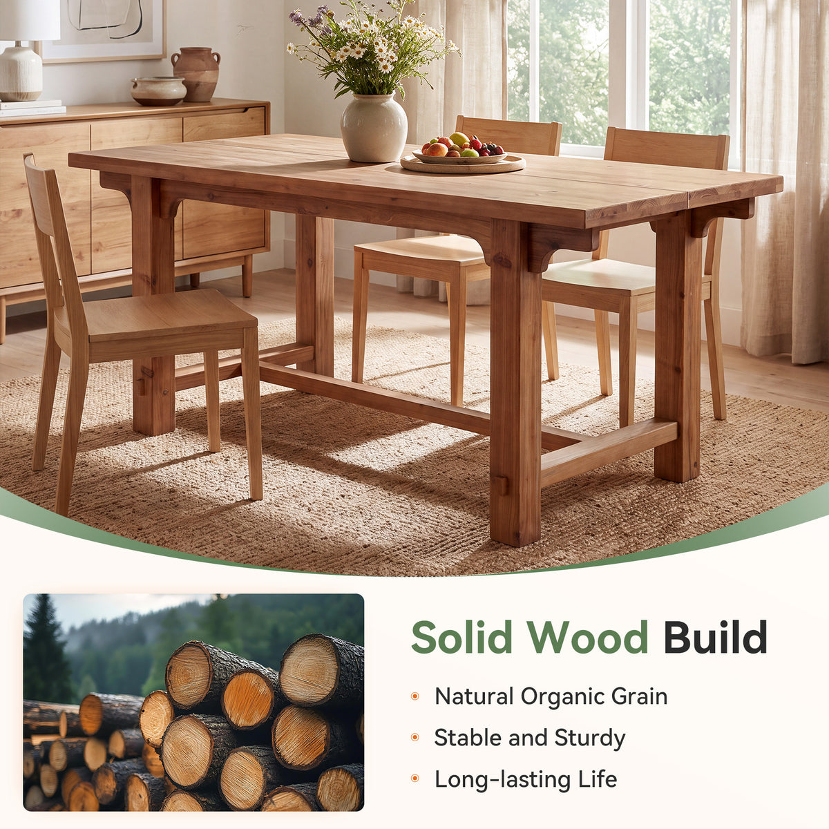 63" Solid Wood Dining Table for 4-6, Rectangular Kitchen Table with Thick Trestle Legs