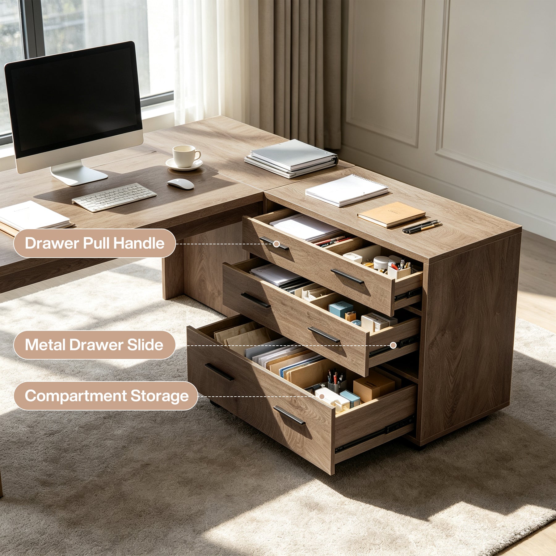 63" L-Shaped Executive Desk, Large Computer Desk with Mobile File Cabinet for Home Office