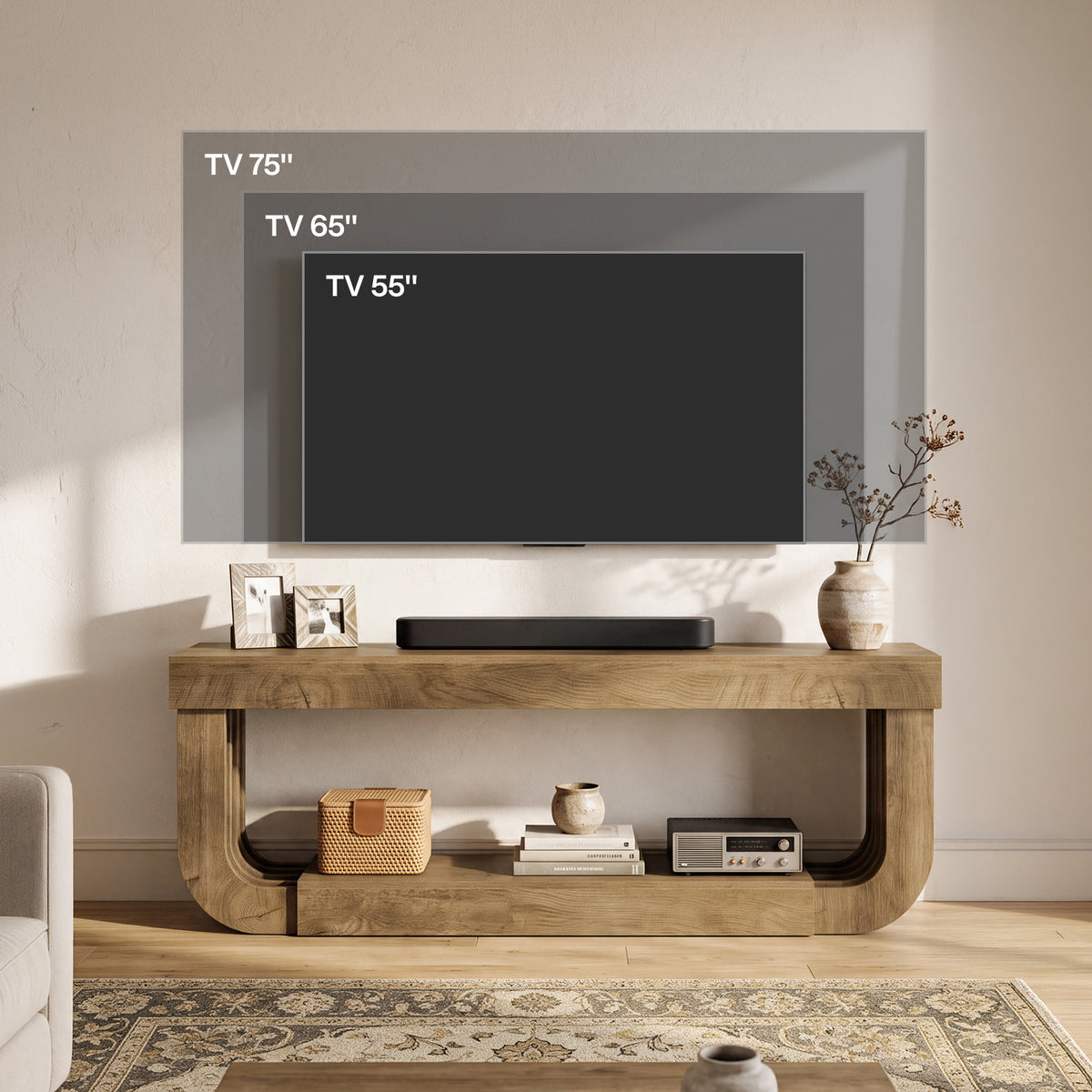 63" TV Stand, Modern Entertainment Center Media Console with Curved Open Storage