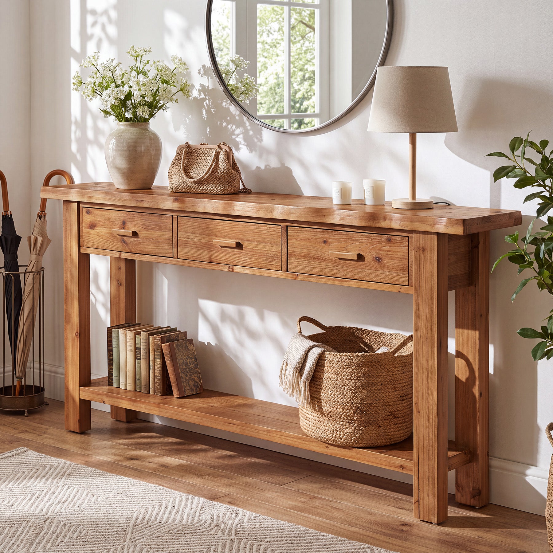 70.9" Solid Wood Console Table, Entryway Table with 3 Drawers For Living Room