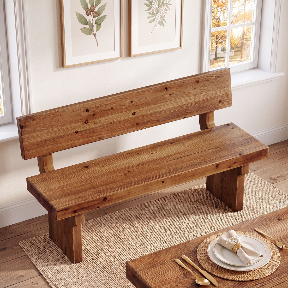 55" Solid Wood Dining Bench with Backrest, Kitchen Bench for Breakfast Nook