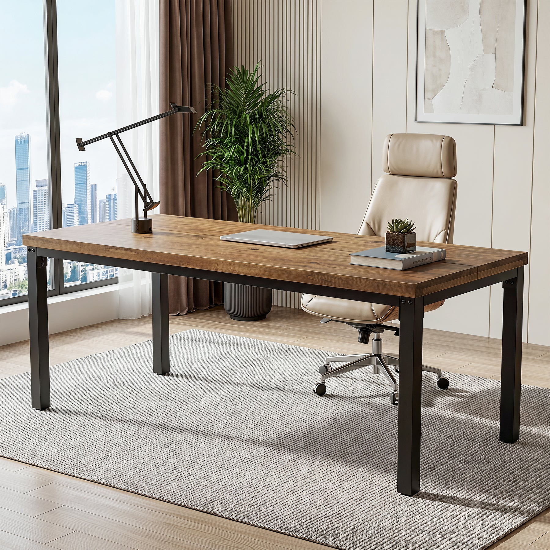 70.9" Computer Desk, Industrial Executive Office Desk with Solid Pine Wood Top