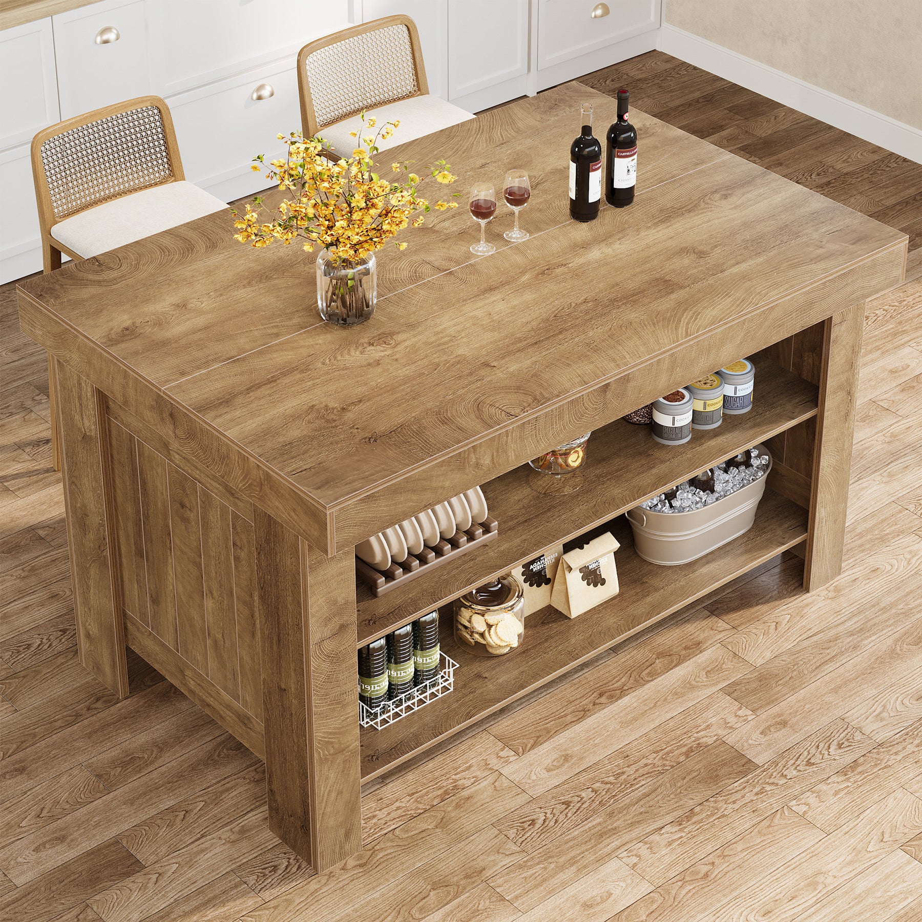 55" Kitchen Island Table, Farmhouse Counter Height Bar Table with Storage Shelves