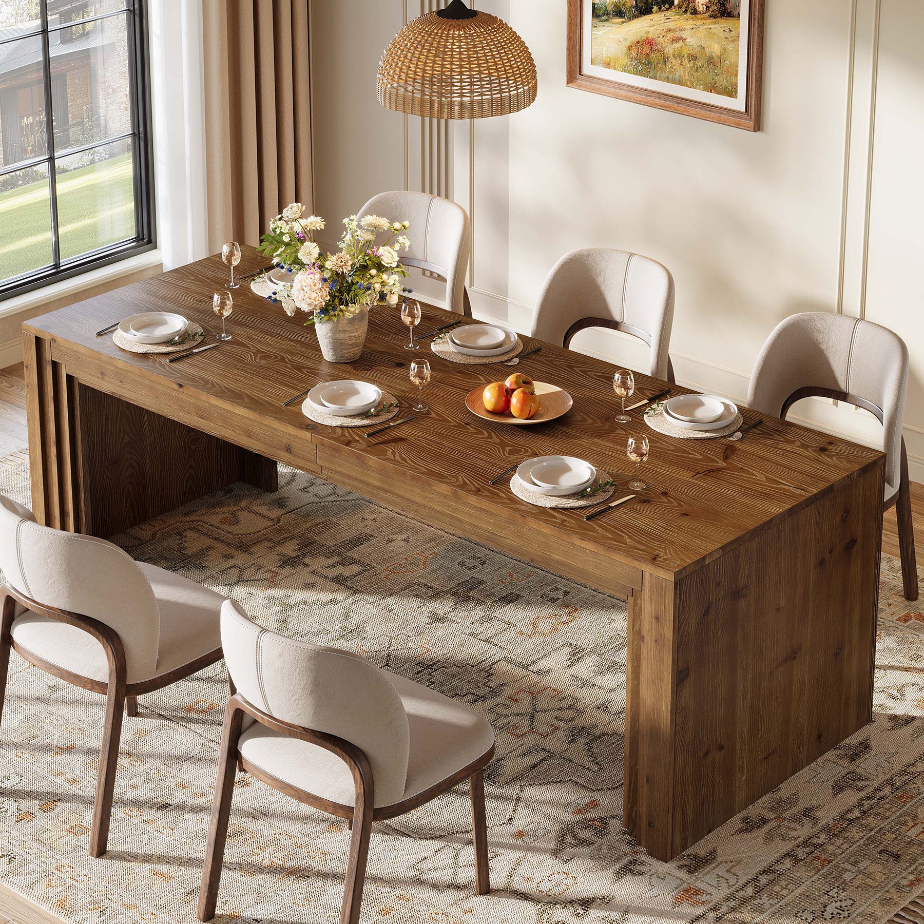 Solid Wood Dining Table for 6-10, 78.7" Rectangular Kitchen Table for Dining Room
