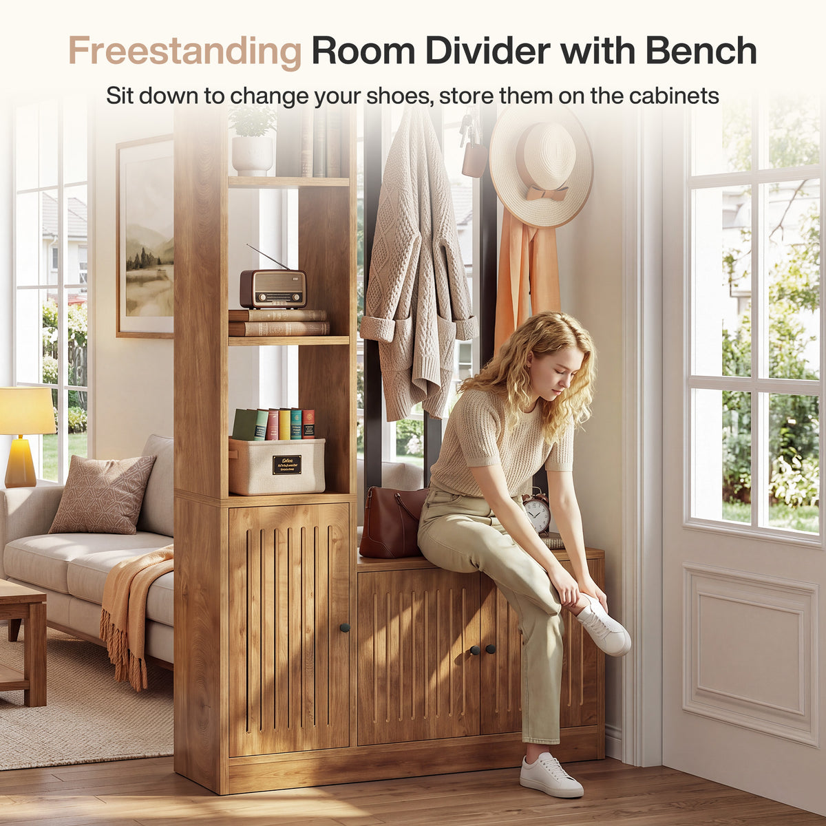 71" Room Divider, Freestanding Wall Partition with Cabinets, Shelves & Bench