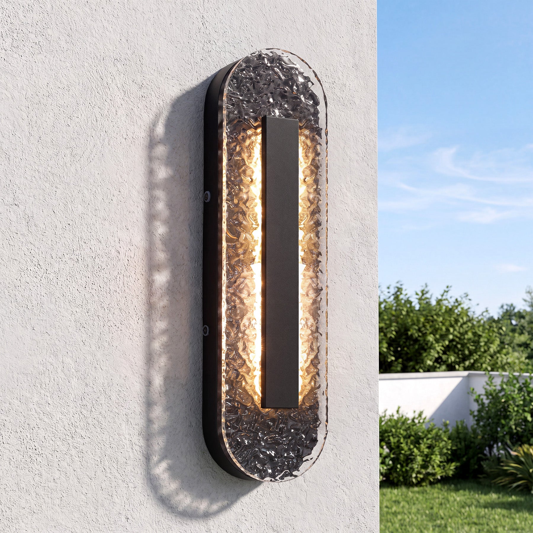 Oval Outdoor LED Wall Sconce, Modern Exterior Wall Light with Clear Water Ripple Acrylic