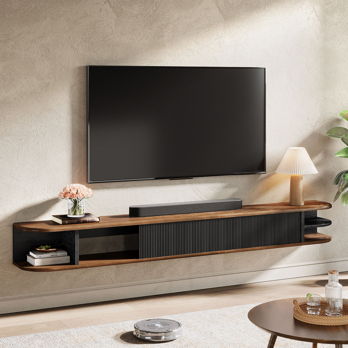 71" Floating TV Stand with Fluted Doors, Solid Wood Media Console with Cable Management for 50-90" TVs