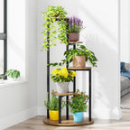 Yellow brown and black 4-tier plant stand with round shelves