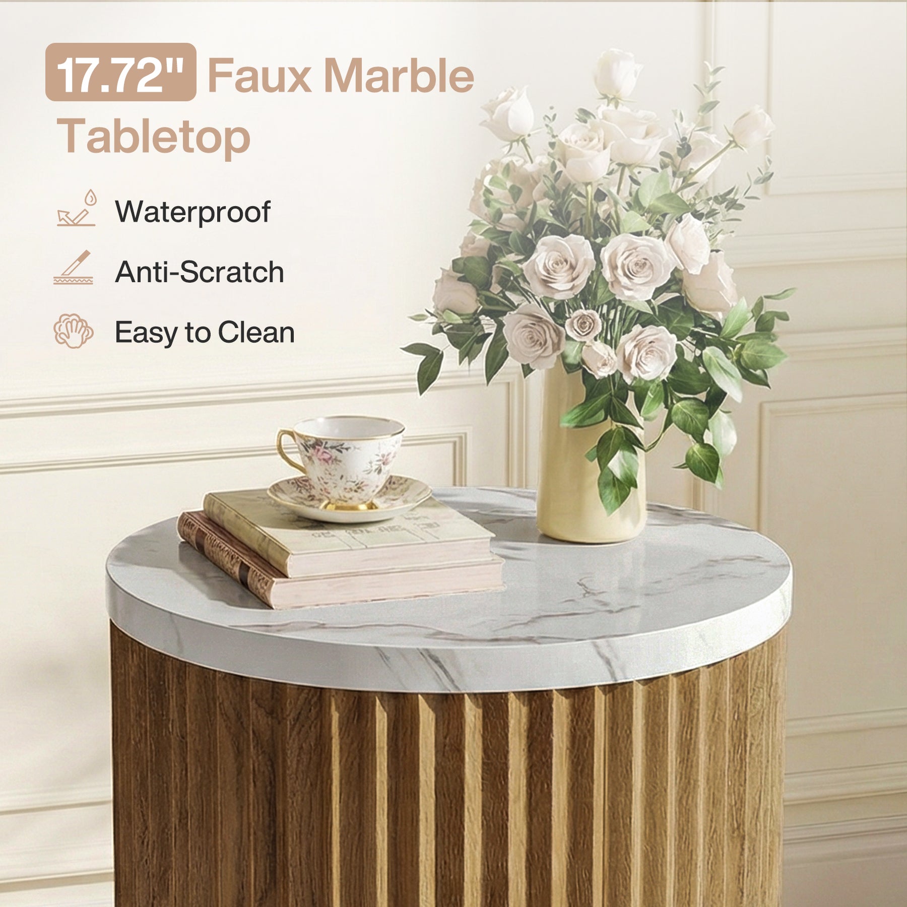 Round End Table, 23.6" Tall Side Table with Faux Marble Tabletop