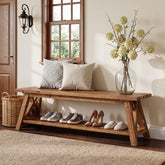 55" Solid Wood Entryway Bench, Farmhouse Shoe Seating with Storage 3