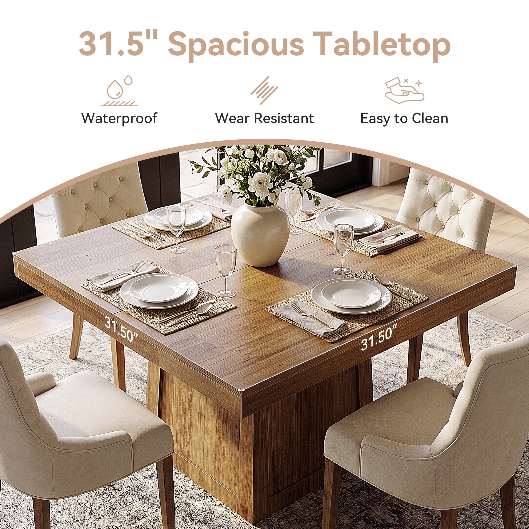 31.5" Square Dining Table, Farmhouse Dinner Table with Trapezoidal Base for 2-4
