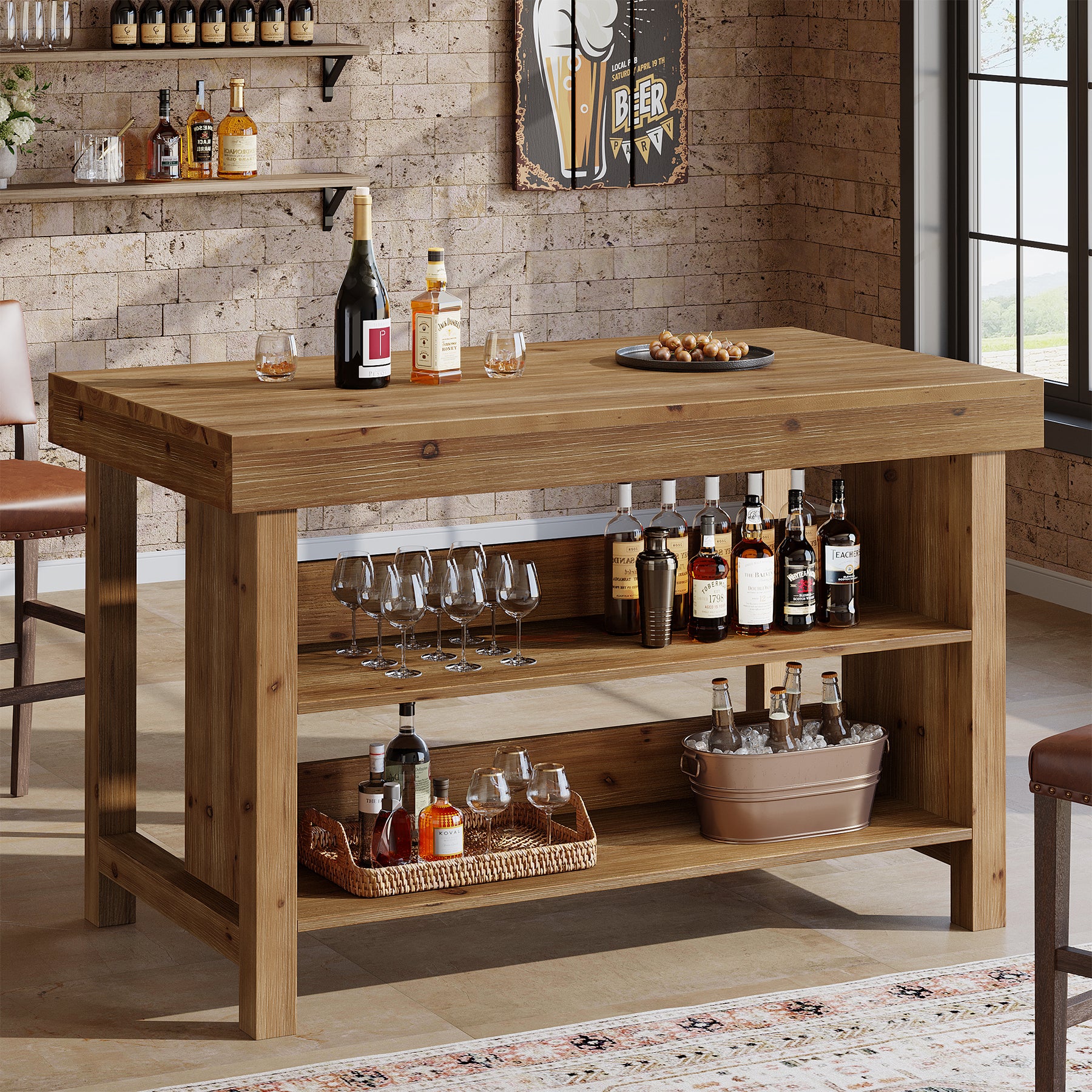 55" Farmhouse Bar Table, 3-Tier Solid Wood Bar Unit with Open Storage Shelves