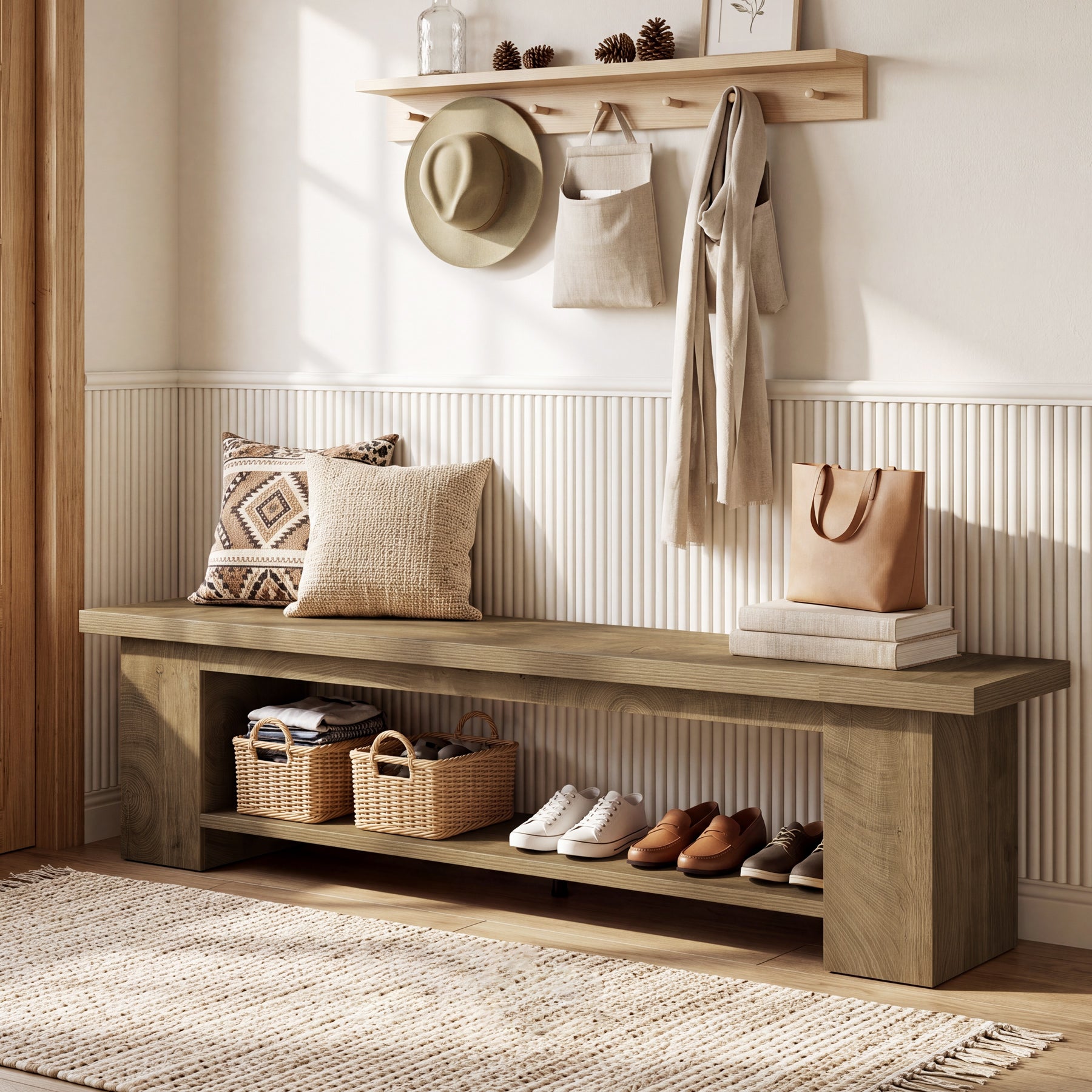 86.6" Extra-Long Entryway Bench, Farmhouse Shoe Bench with 2-Tier Storage