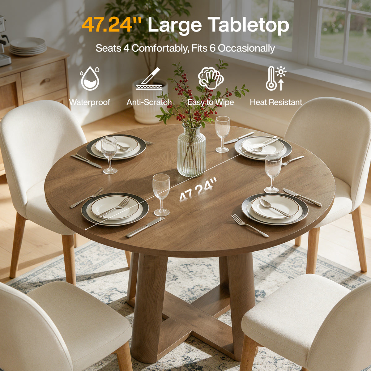 47" Round Dining Table for 4-6 People, Farmhouse Kitchen Table with Cross Pedestal Base