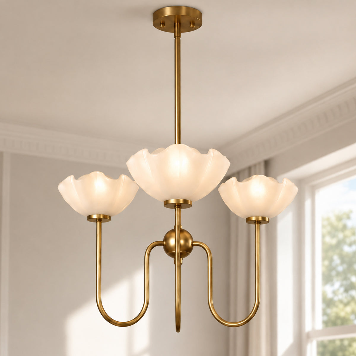 3-Light 20" Gold Floral Glass Chandelier, Modern Pendant Light