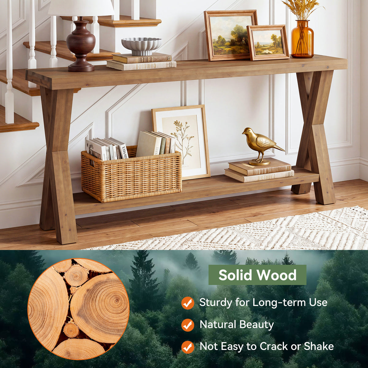 63" Solid Wood Console Table, 2-Tier Entryway Sofa Table with X-Brace Leg for Hallway