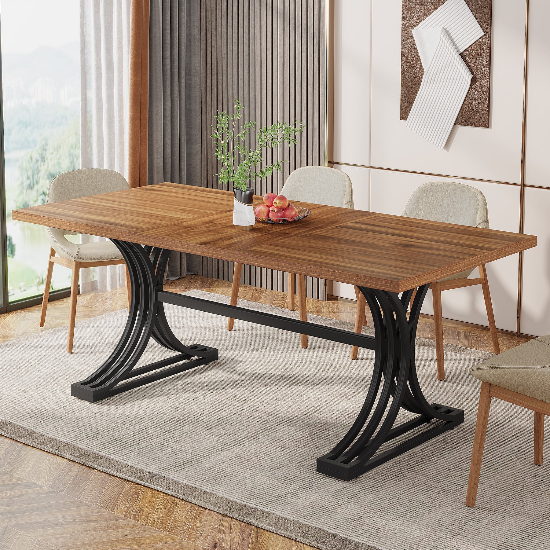 63" Modern Dining Table with Faux Marble Tabletop & Metal Legs