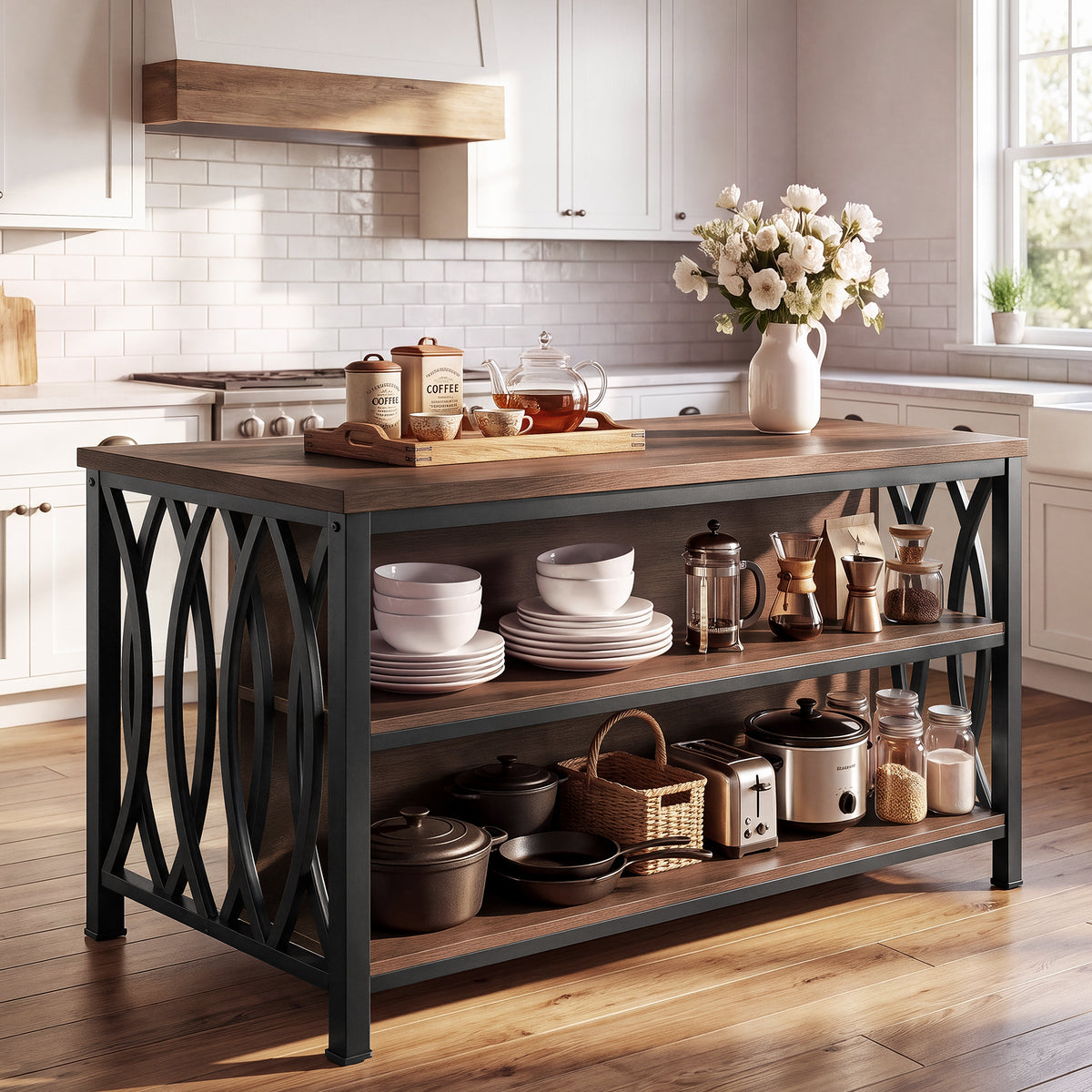 55" Kitchen Island with Storage, 3-Tier Stationary Island Table with Metal Frame for Kitchen
