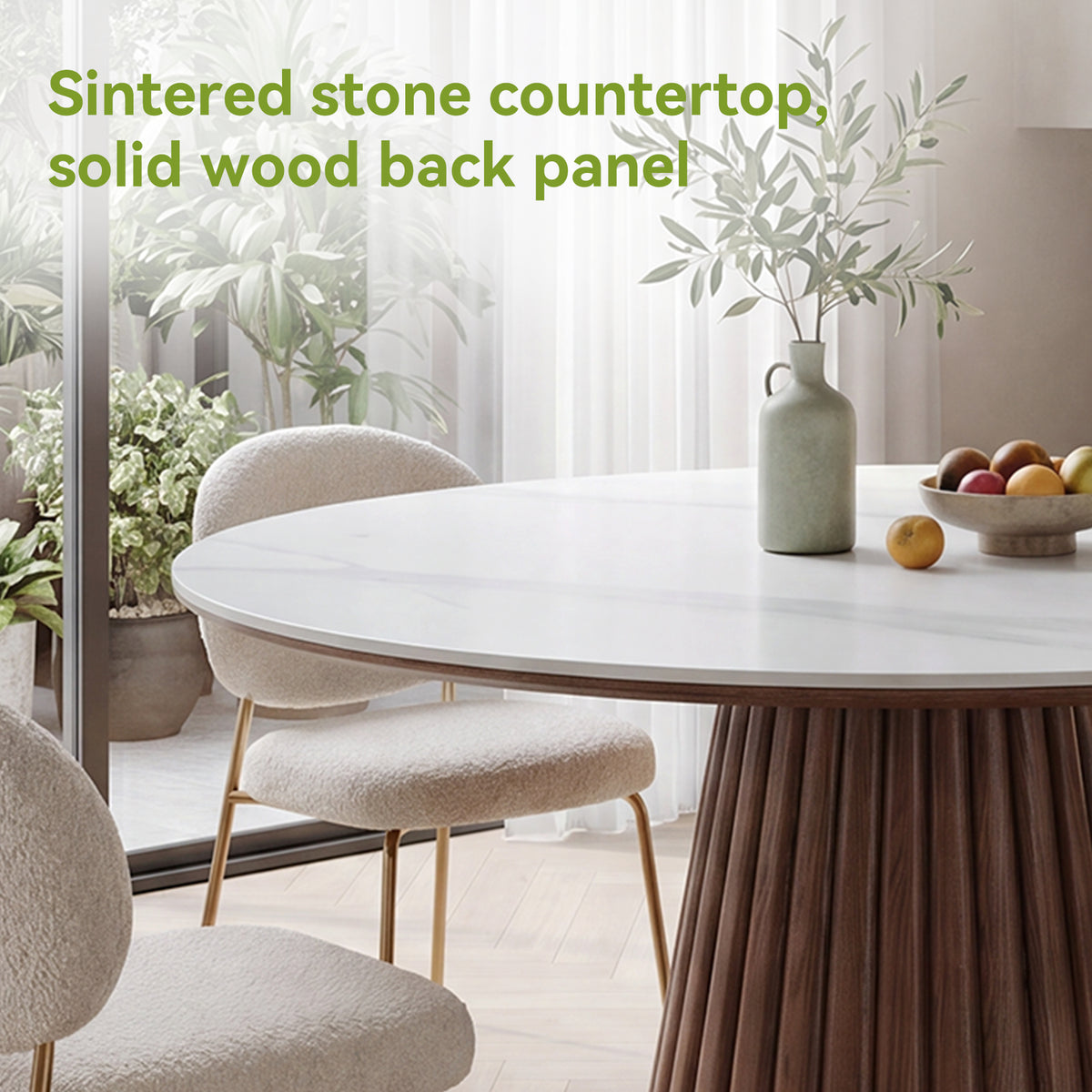 Round Sintered Stone Dining Table for 4 People, 47" Kitchen Table with Fluted Conical Pedestal