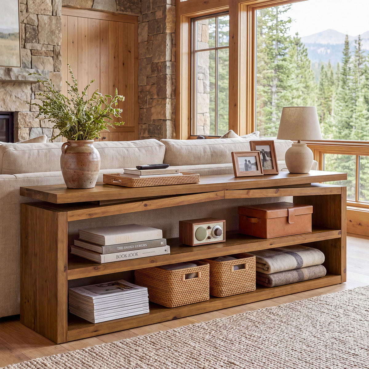 63" Farmhouse Solid Wood Console Table, 3-Tier Entryway Sofa Table with Open Shelves