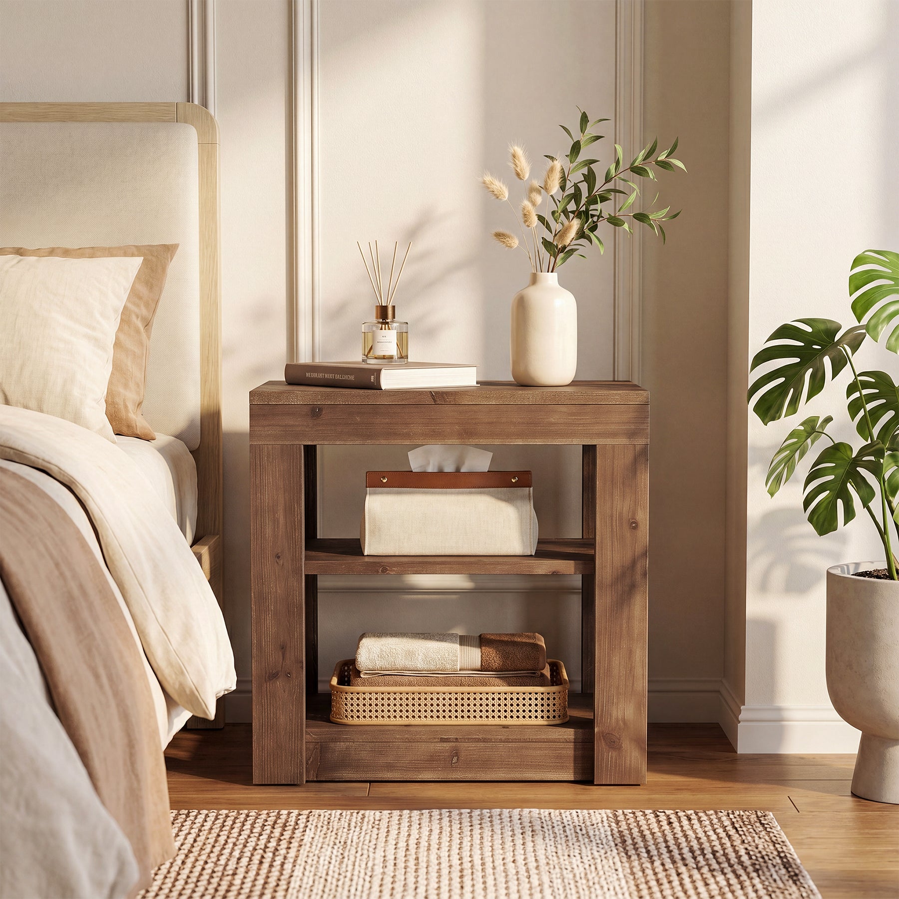 23.62" Solid Wood Nightstand, Rectangle Bedside Table with Storage Shelf for Bedroom